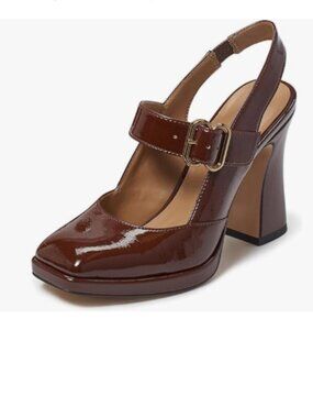 FYS Chocolate Platform Square Toe Pumps Block High Heel Mary Jane Slingback Shoe